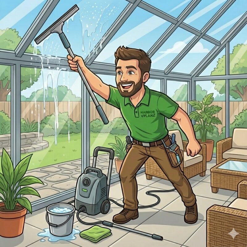 Elias Ceruso Avatar bei der Glasreinigung in einem modernen Wintergarten