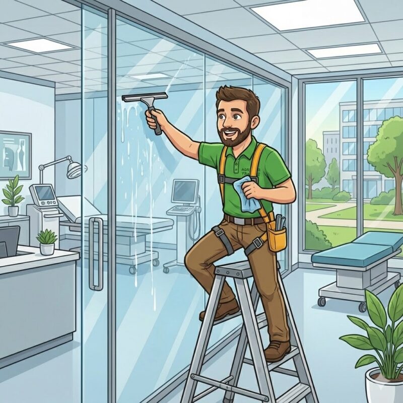 Elias Ceruso Avatar bei der Glasreinigung in einer modernen Arztpraxis