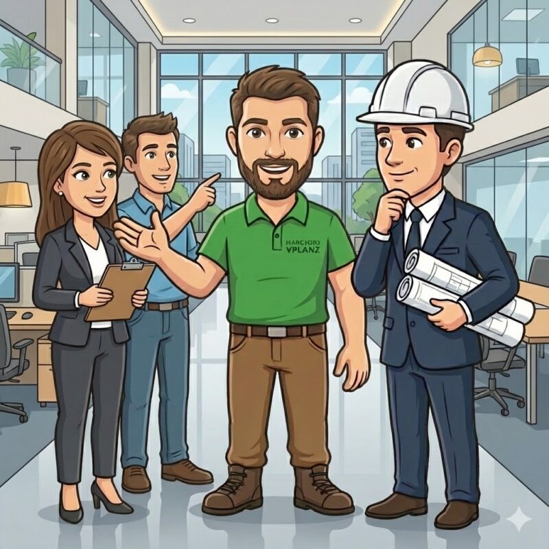 Elias Ceruso redet mit Bauträger & Projektverantwortliche für Neubaugewerbe & Büros (schneller Start ohne Nachreinigung)